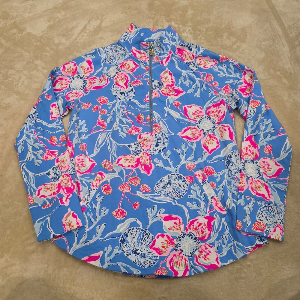 Lilly Pulitzer Skipper Popover M Blue Pink Floral 1/2 Zip Pullover Sweatshirt